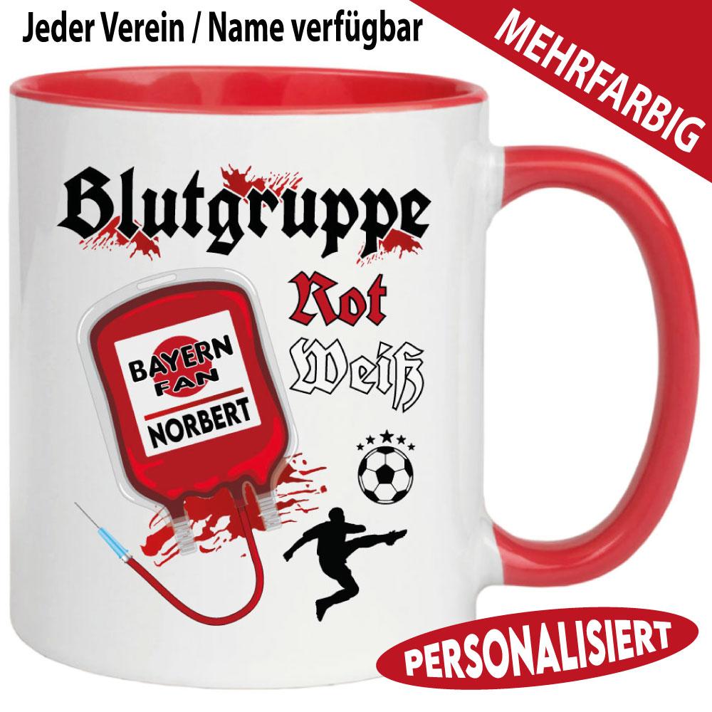 Blutgruppe Rot Weiß – Tasse für Fußball Fans personalisiert