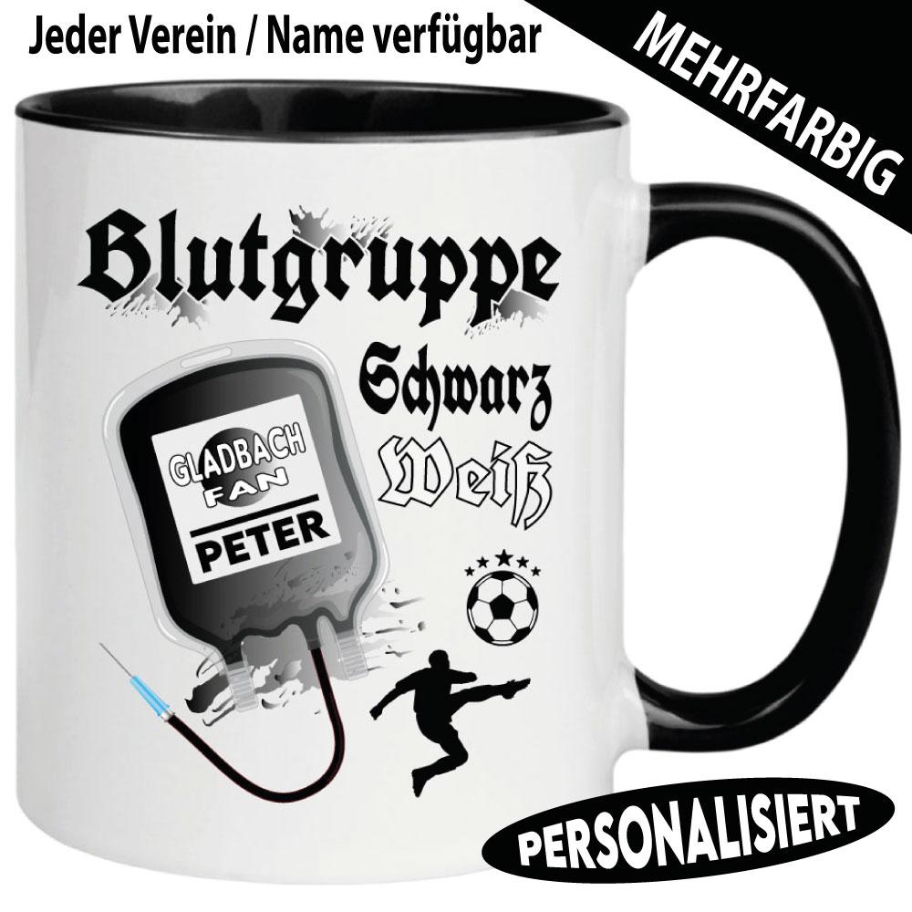 Blutgruppe Schwarz Weiß – Tasse für Fußball Fans personalisiert