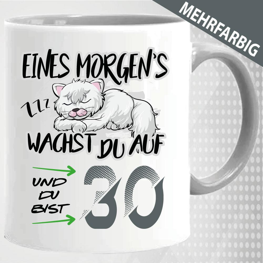 Tasse zum 30. Geburtstag. Süße Katze schläft.