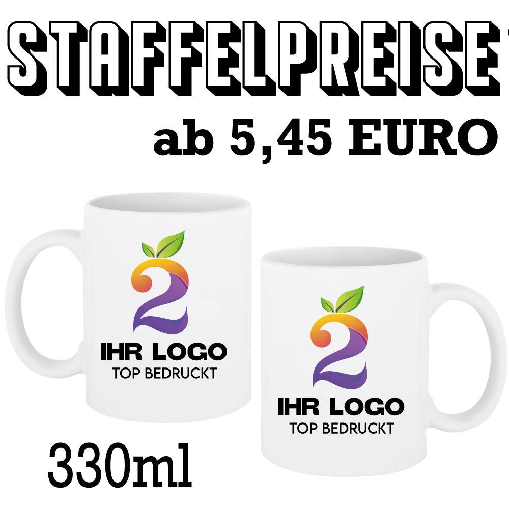 Weiße Tasse mit Logo und Text im Tassencenter